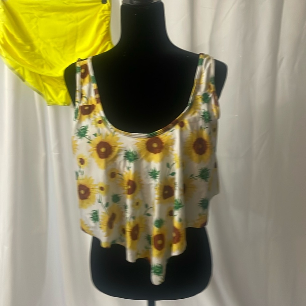 Bright Yellow & Floral Tankini Swimsuit